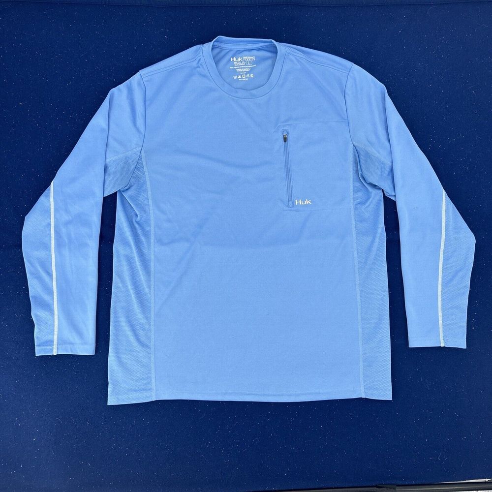 Huk Icon X Shirt Men L Carolina Blue Long Sleeve Performance Chest Zipper Pocket